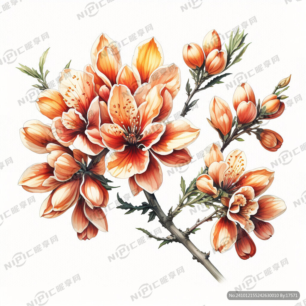 手绘一枝斜插的枣树花 色彩淡雅