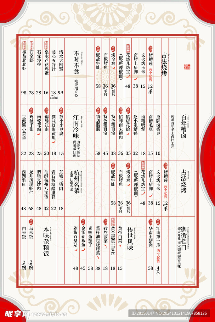 菜单价格表