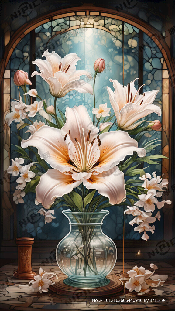 彩色玻璃  百合花 中国风