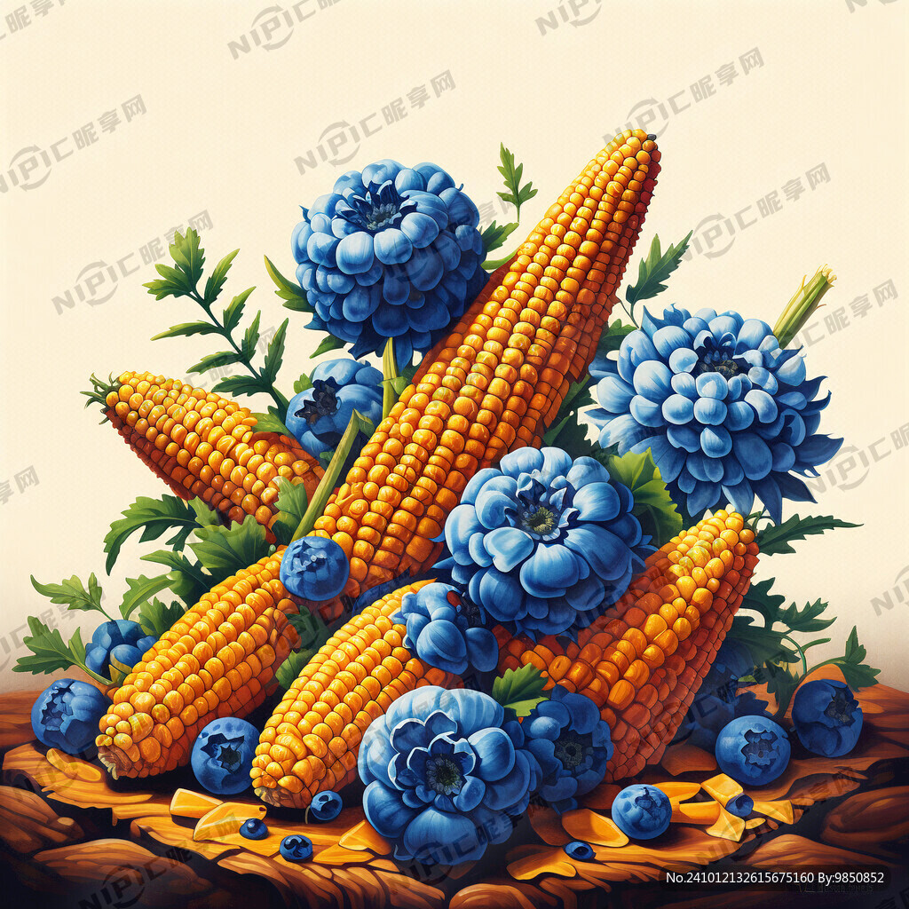 蓝莓、万寿菊、玉米组合一张图片