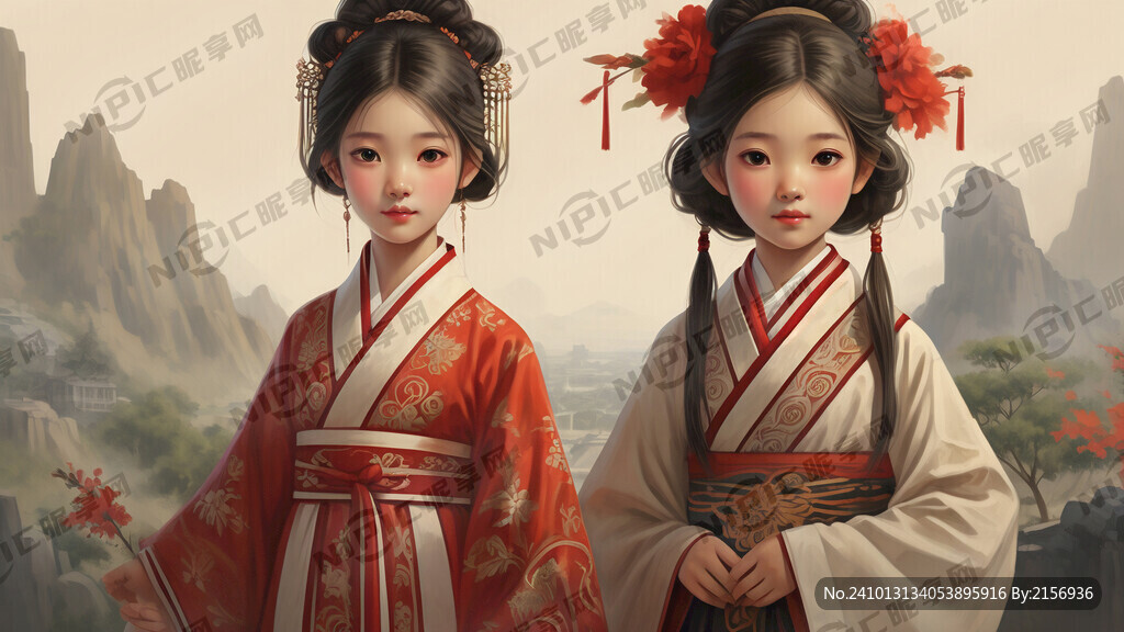 一名穿汉服的中国女孩和一名俄罗