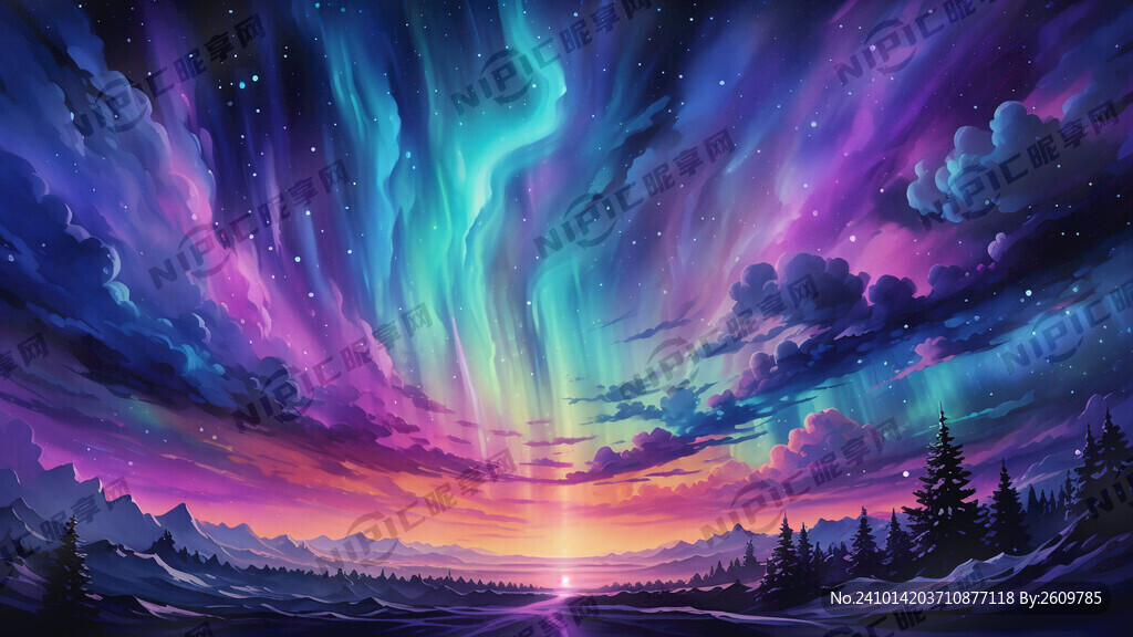 紫色天空  蓝色极光  水彩