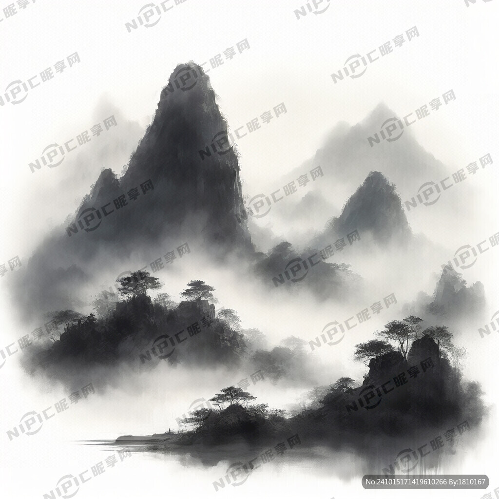 山水画 中国风 2座大山 云雾
