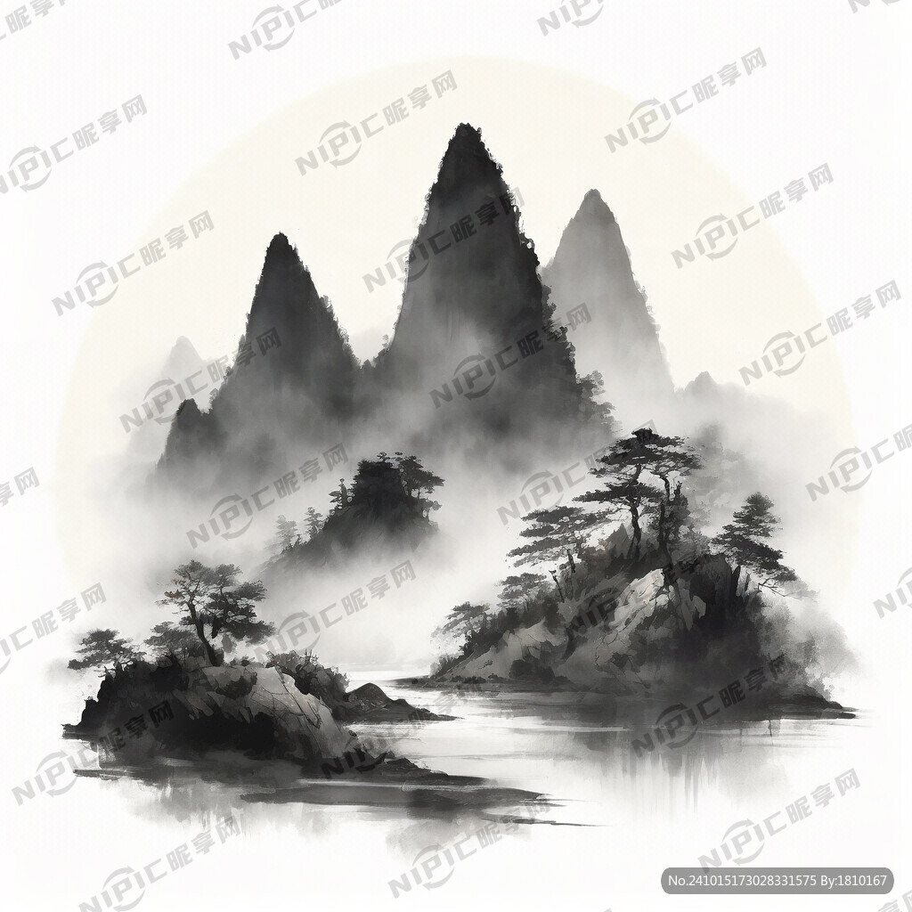 山水画 中国风 山 树 水彩画