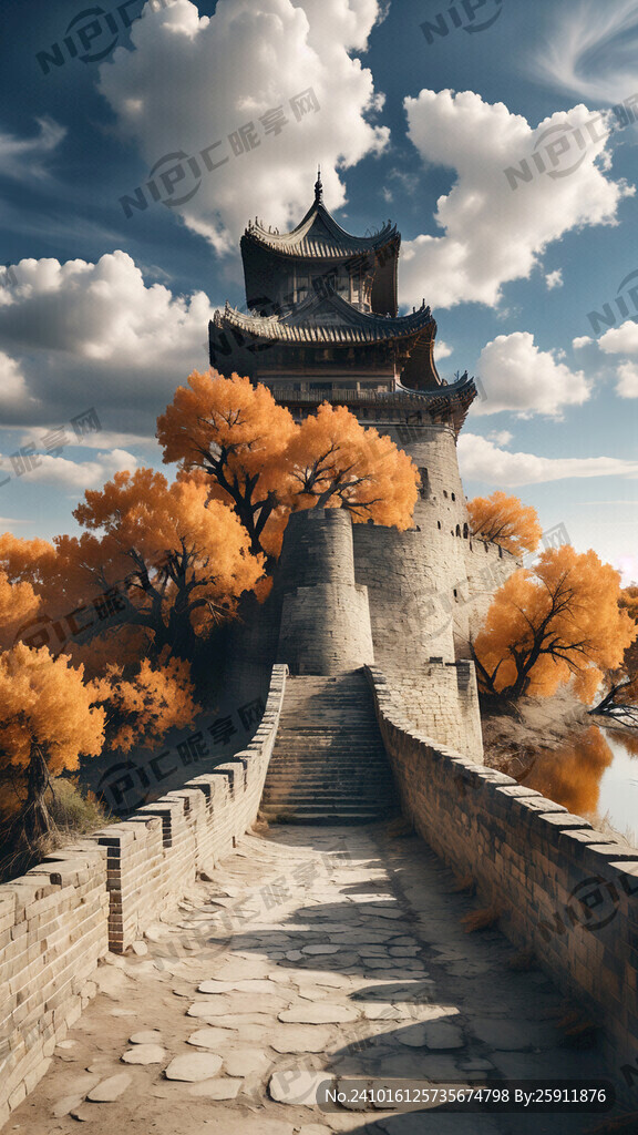 古代城墙 胡杨树 湖 白云