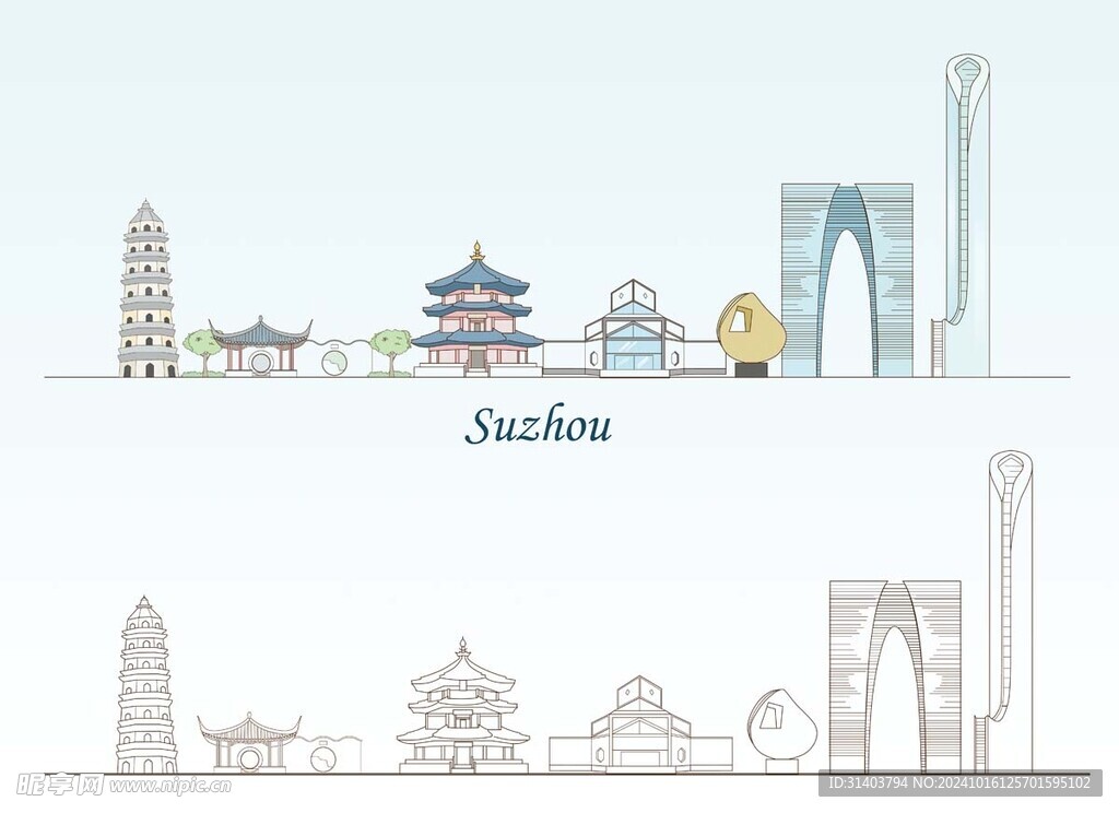 苏州建筑剪影线稿素材