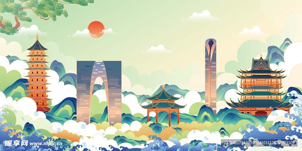 苏州建筑剪影线稿素材