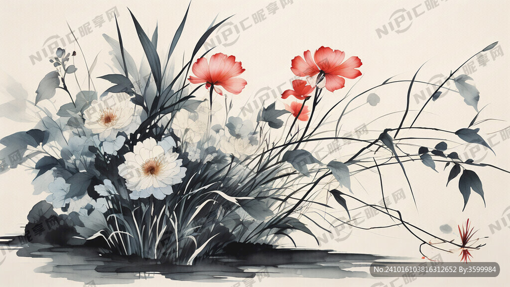 中国风 三根水草 一枝花苞