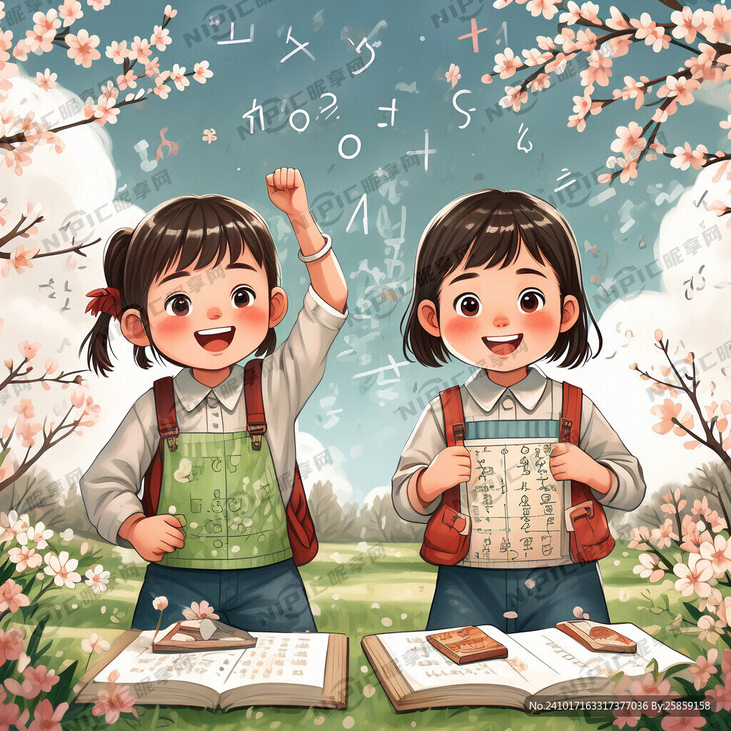 春天插画 两个小孩学习数学