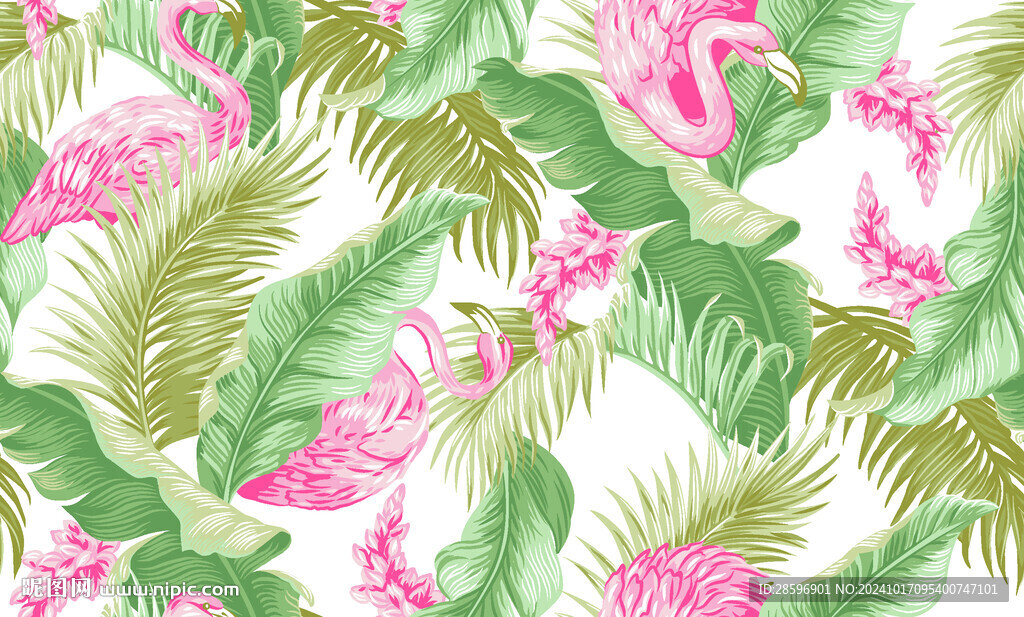 热带植物叶子火烈鸟