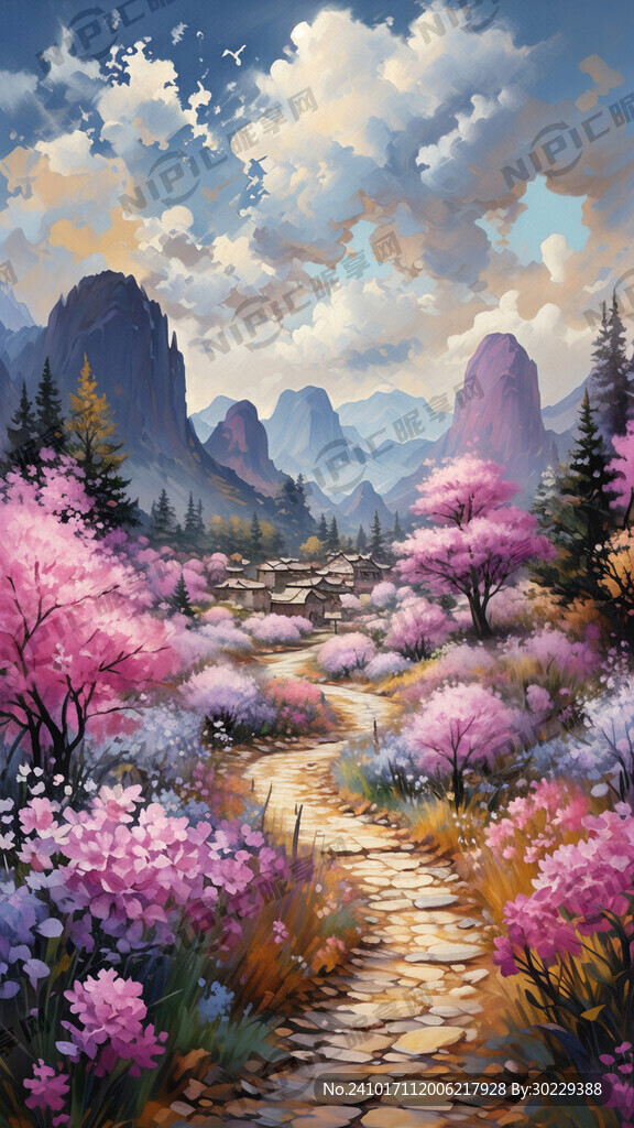 碎花 粉紫色 油画