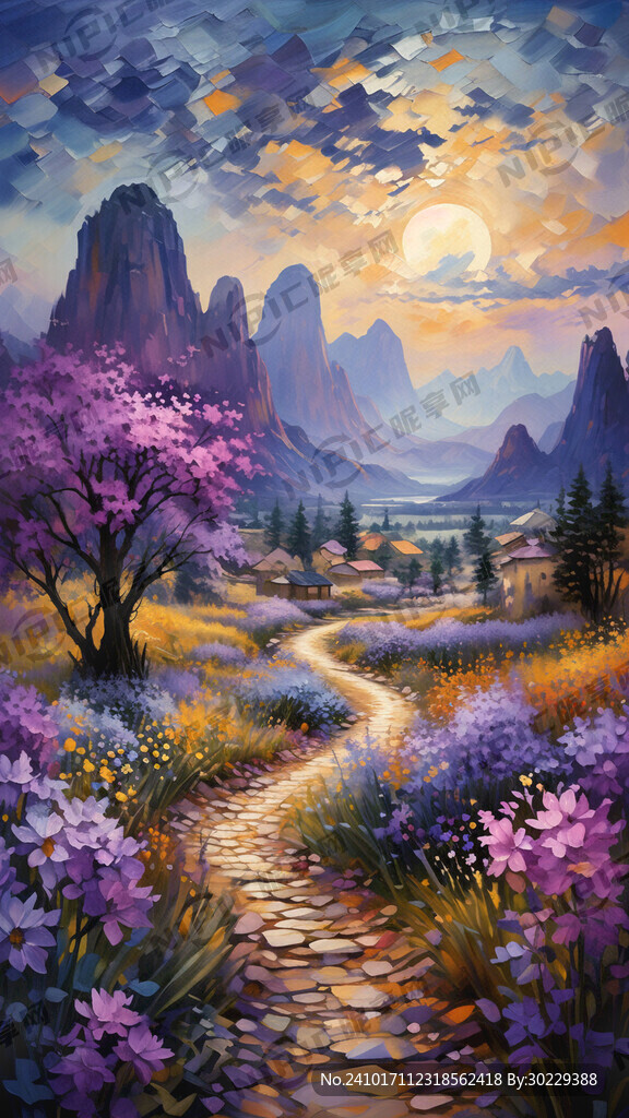 碎花 紫色 油画