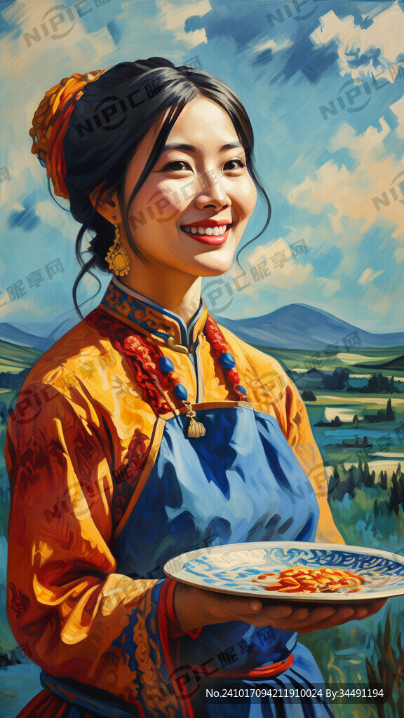 蒙古美女开心拿盘子