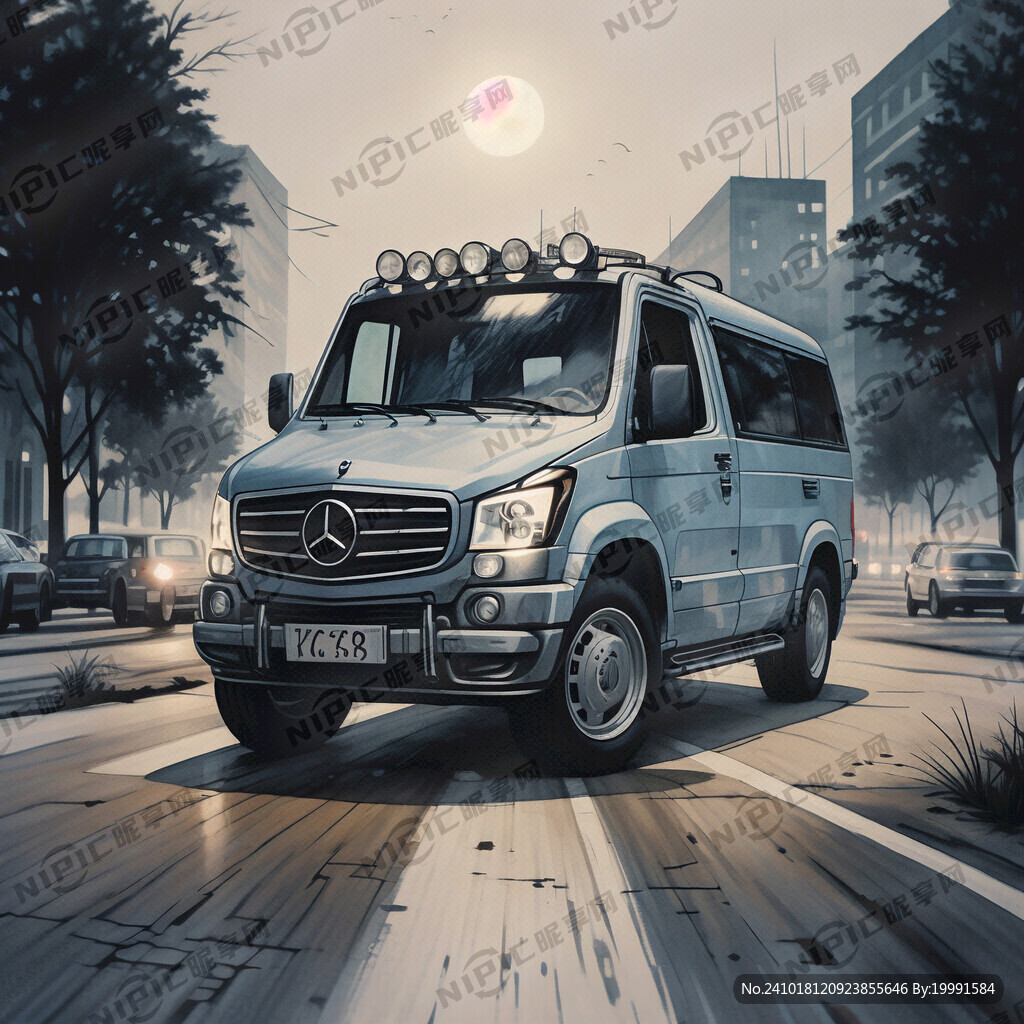 奔驰货车夜晚亮着车灯