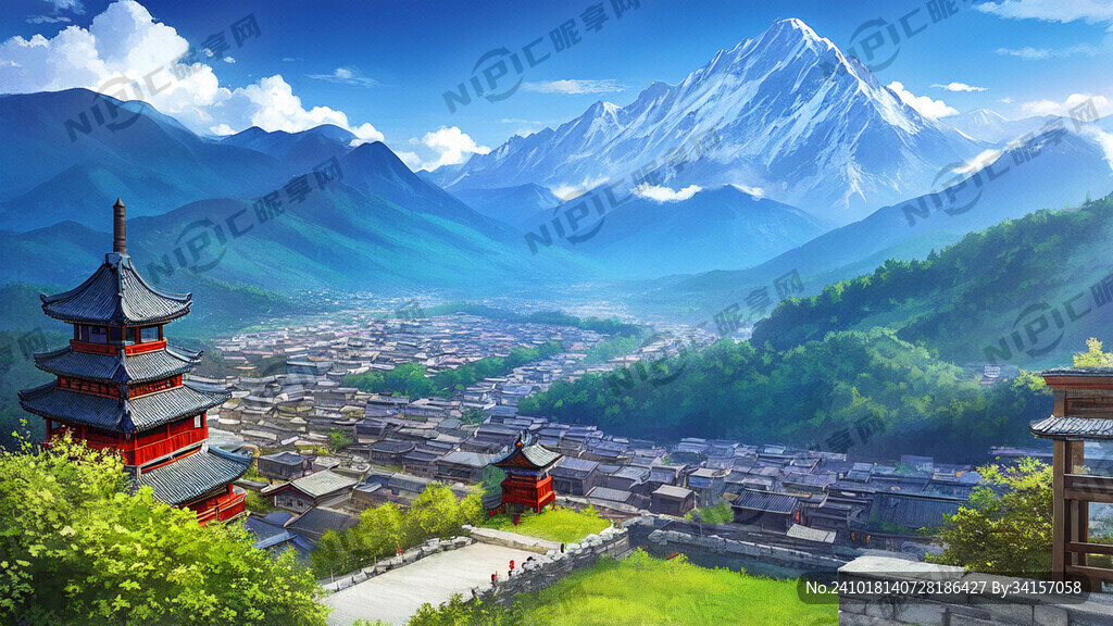 玉龙雪山卡通画 前景丽江古城