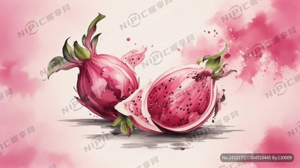 水墨画风  粉红火龙果 一半 