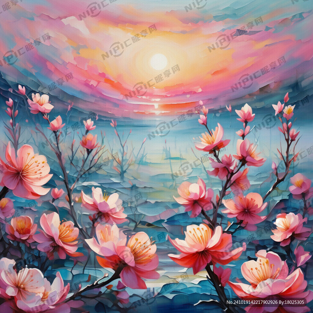 油画效果抽象桃花海