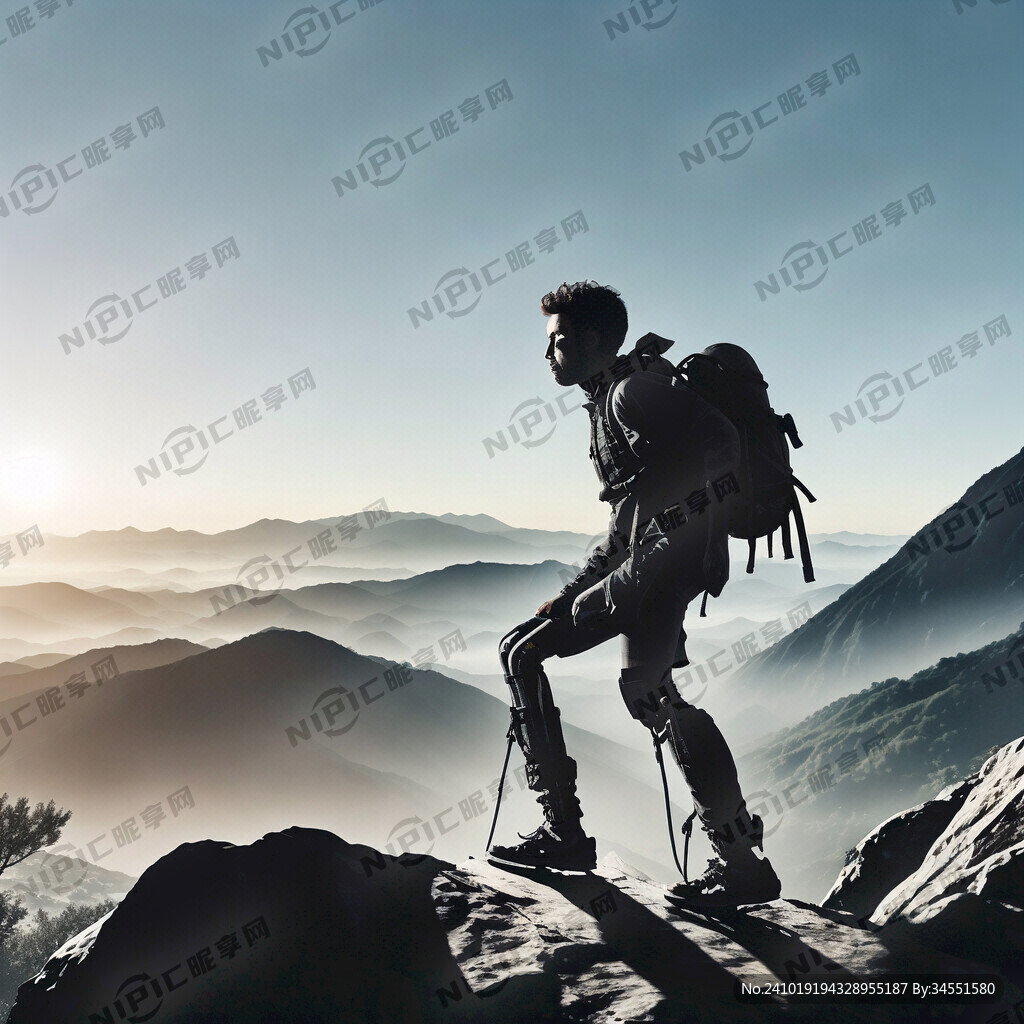 穿着义肢的人登山剪影