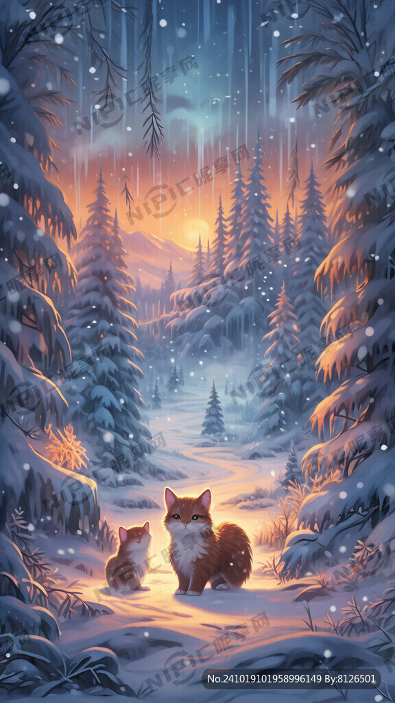 冰雪背景 可爱动物 插画 柔暖