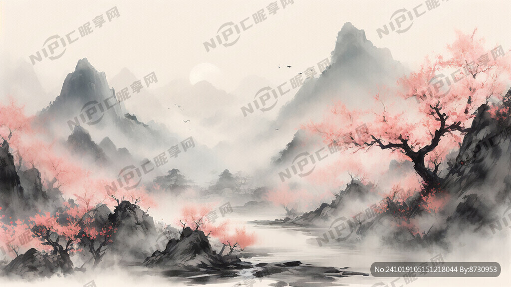 开满桃花的山路 插画风