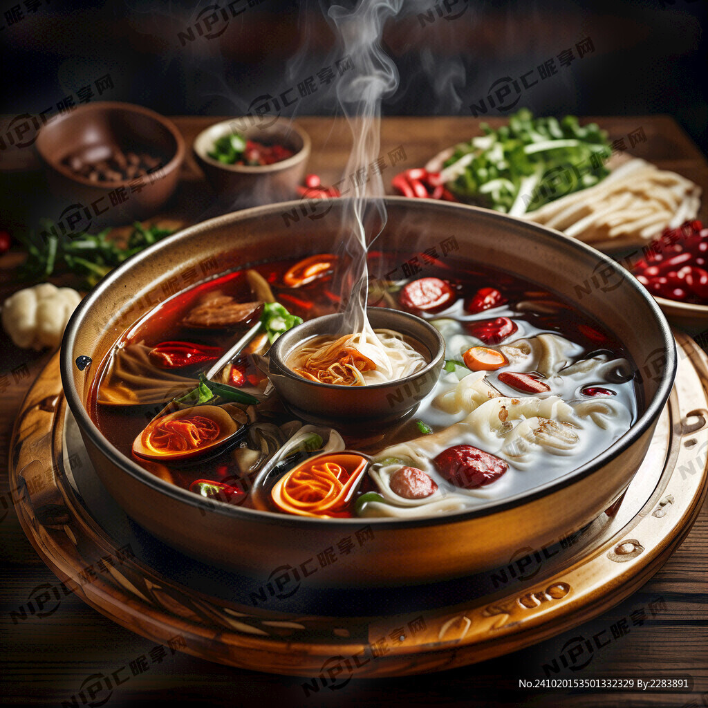 火锅锅底和锅内特写