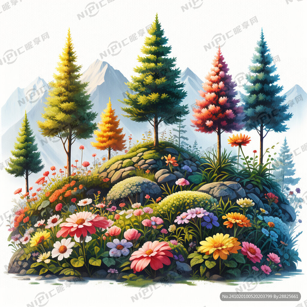 山上5朵花4棵树