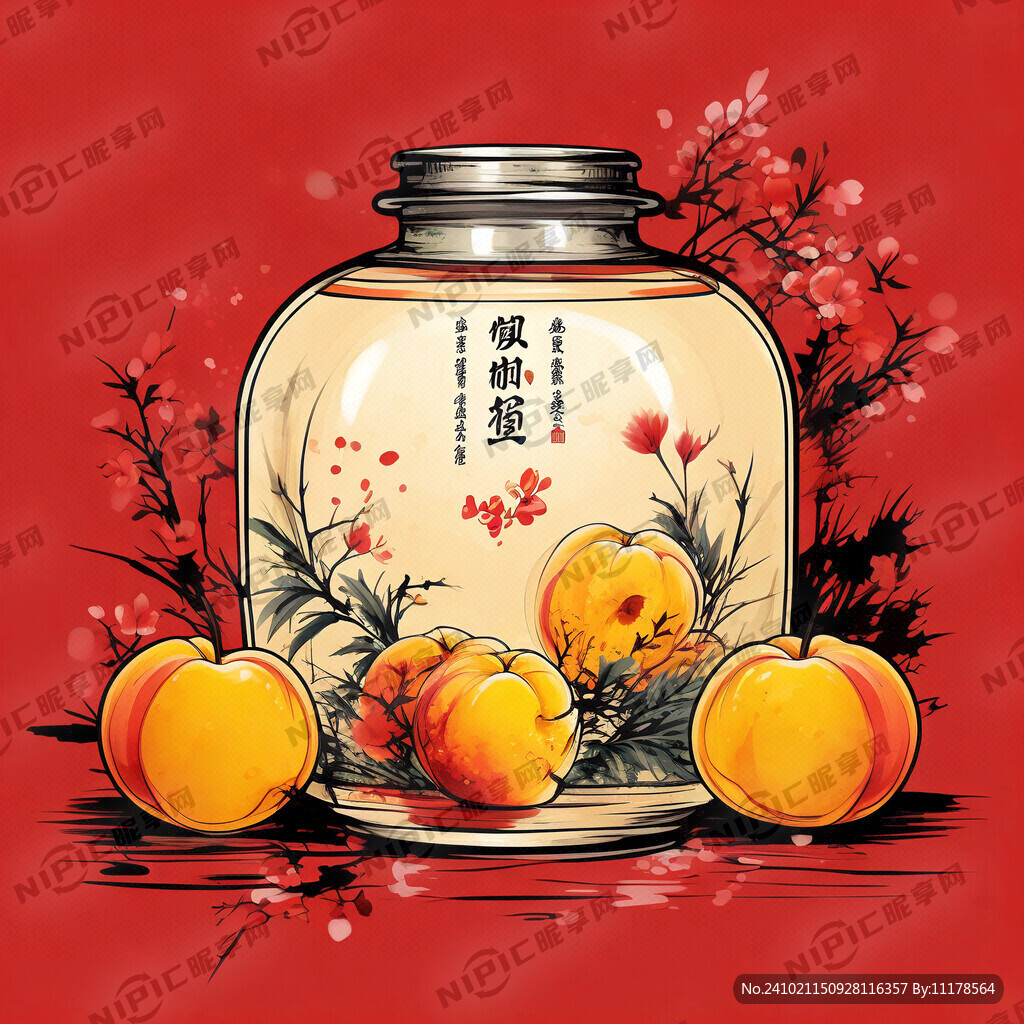 国风红色背景黄桃罐头