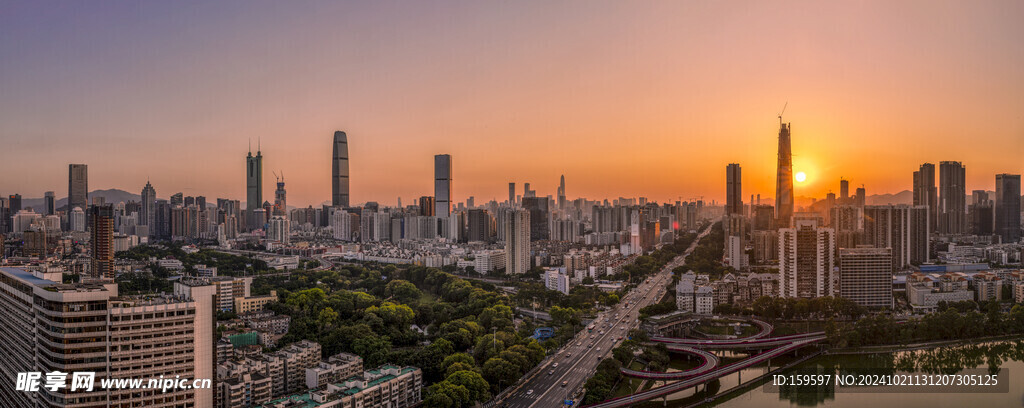 日落时分高空俯瞰深圳城市中心景