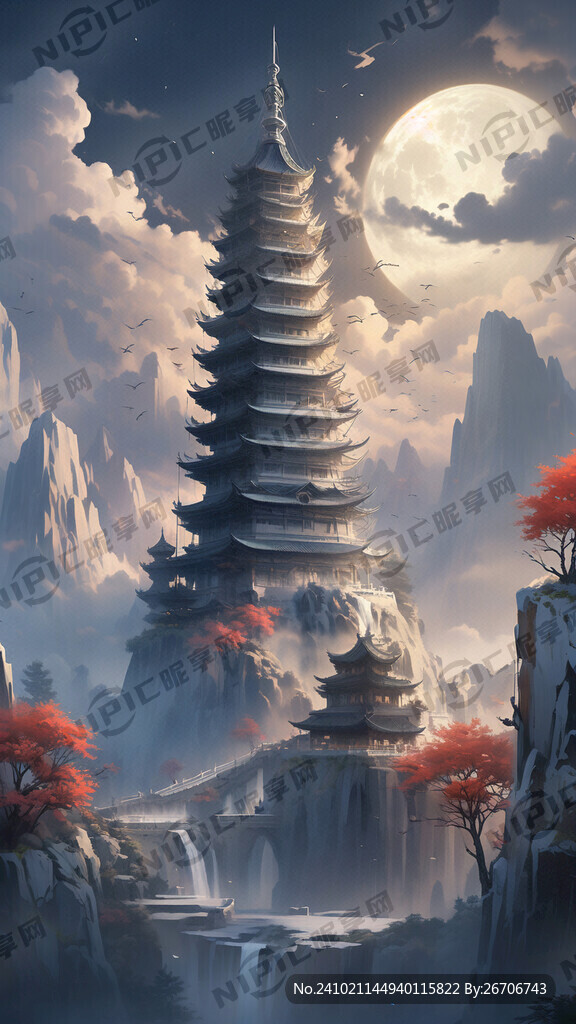 月光下的白塔 超高清 国潮风格