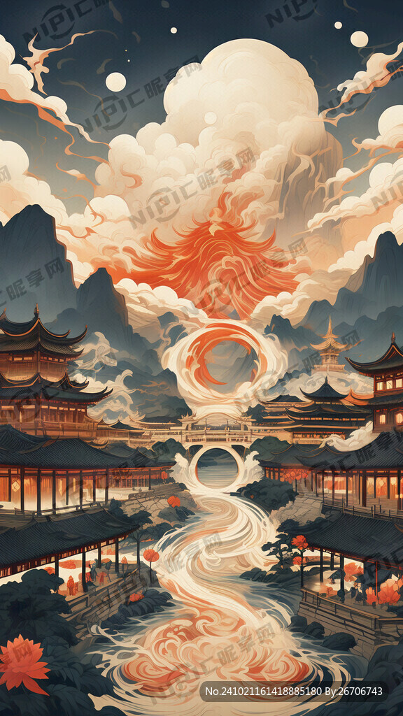 凤凰古城简笔画 国潮风格