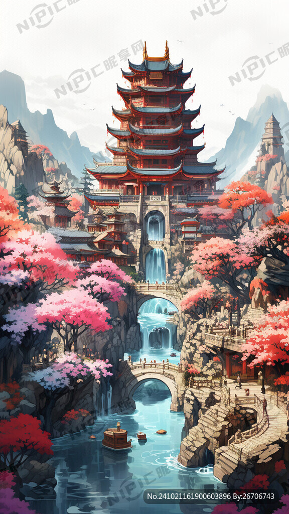 百花齐放 美丽古城 组合简笔画