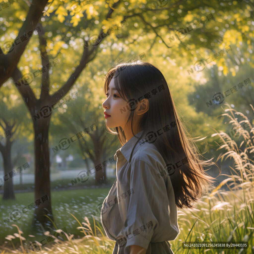 一个少女 衬衣 侧颜 草地