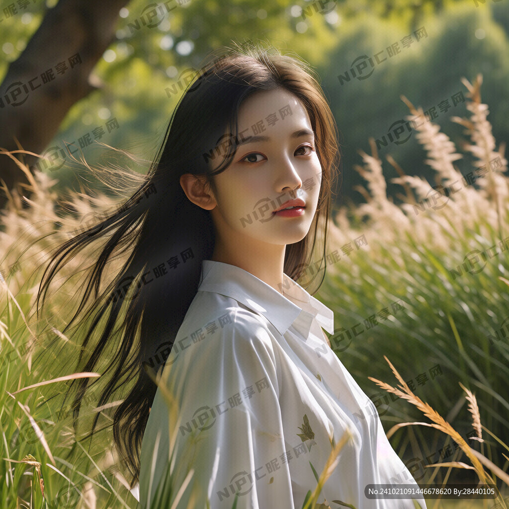 少女白色 衬衣 右侧颜 草地
