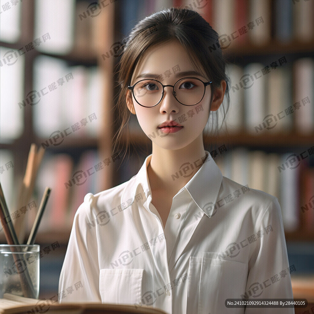 少女 白色衬衣 图书馆 戴眼镜