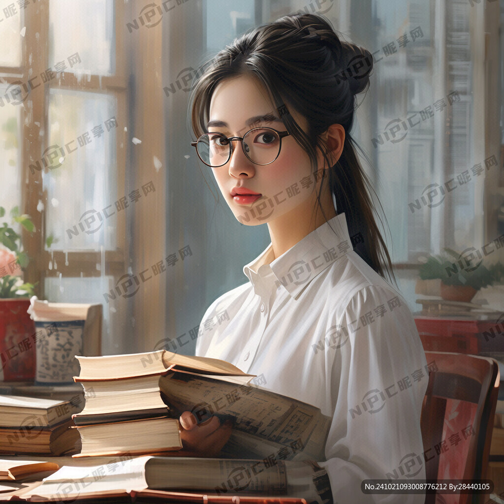 少女 白色衬衣 很多书 戴眼镜