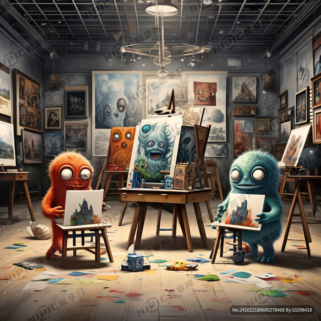 美术展厅 几个小怪物在画画