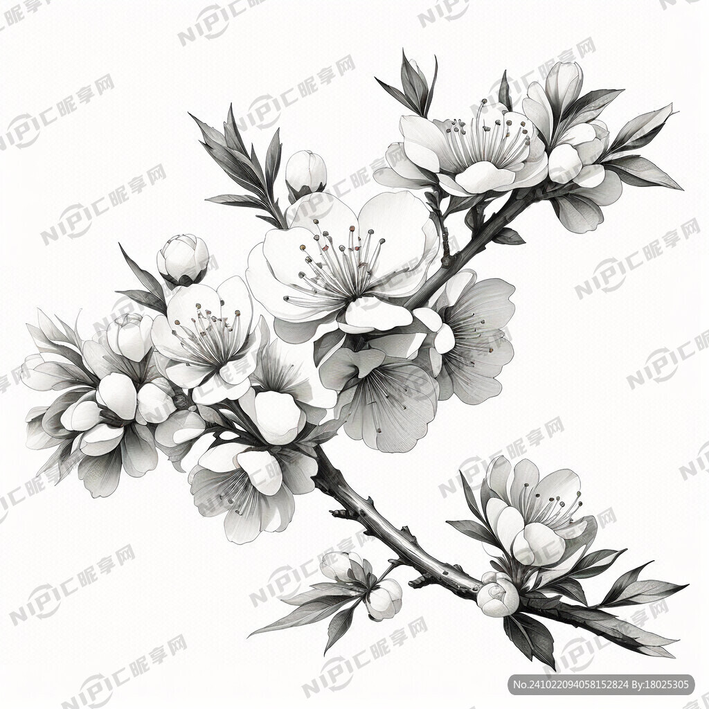 桃花黑白线描