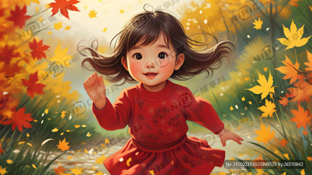 一个奔跑的穿红色裙子的小女孩手