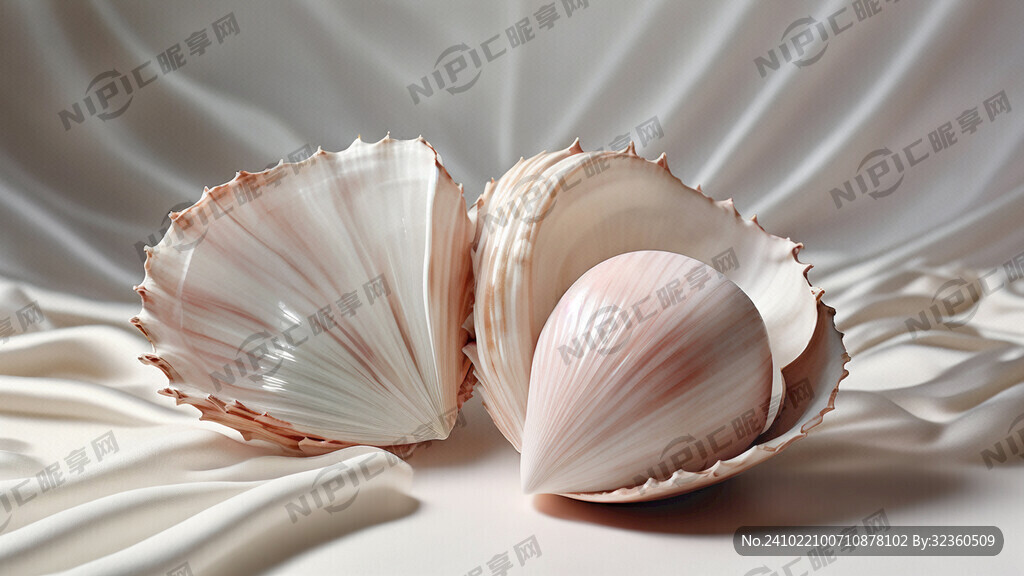 珍珠贝壳 打开的贝壳 白色丝绸