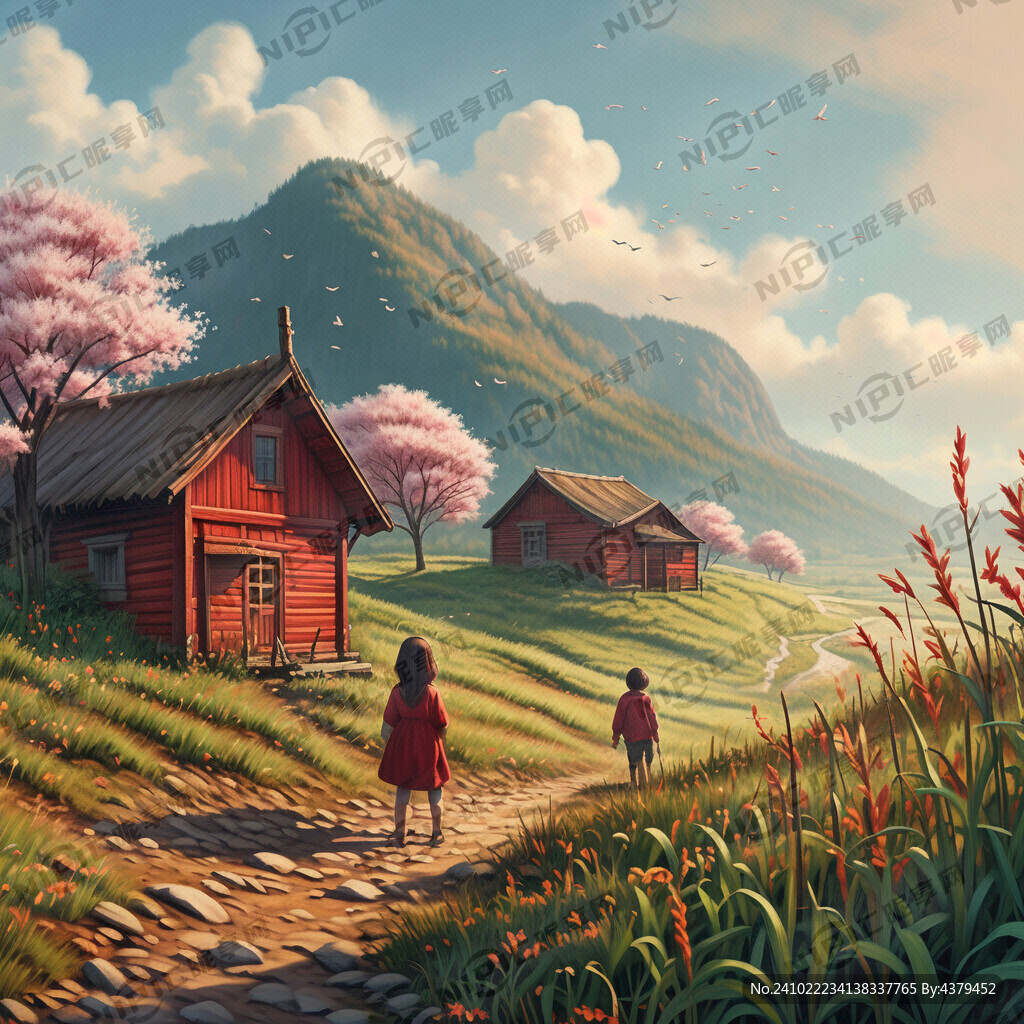 春天山坡上有两个小红色木屋