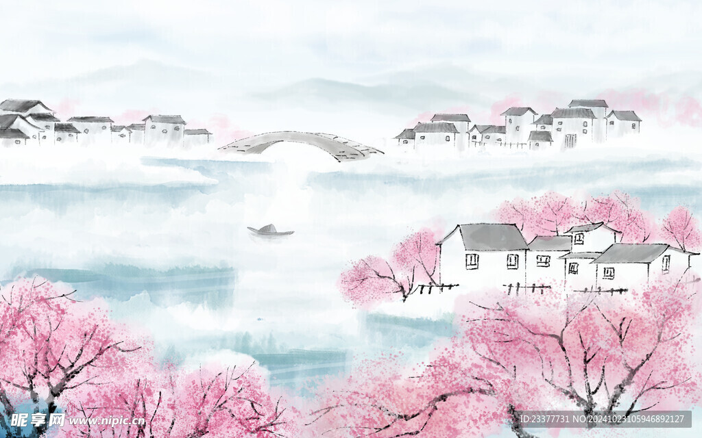粉色桃树水墨画