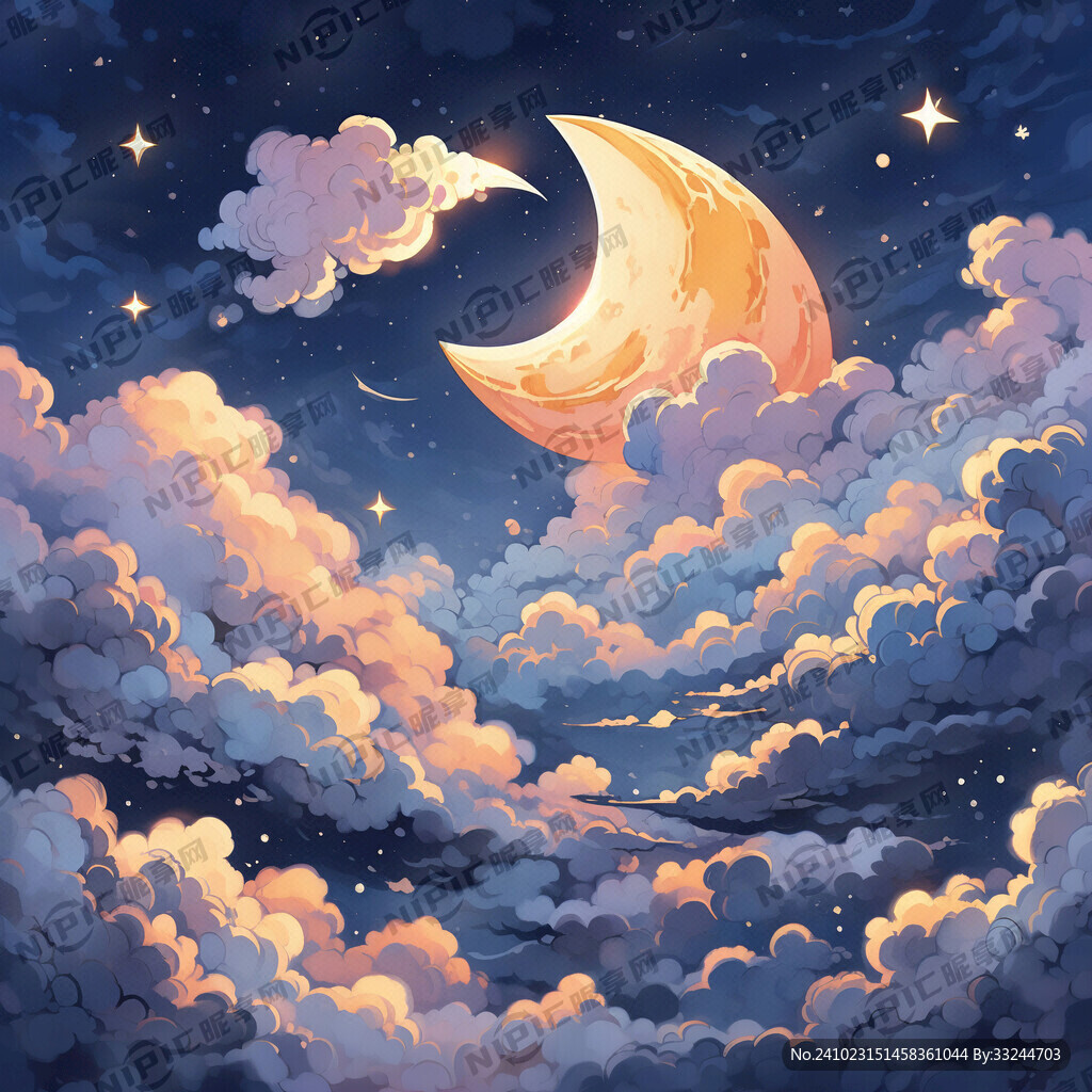 月亮、星星、卡通、云朵、星空