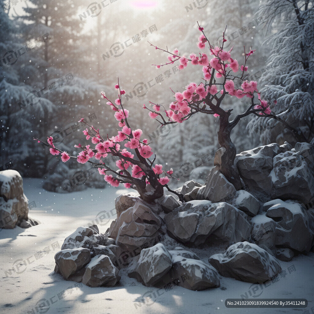 梅花 假山 冬季 灰度图