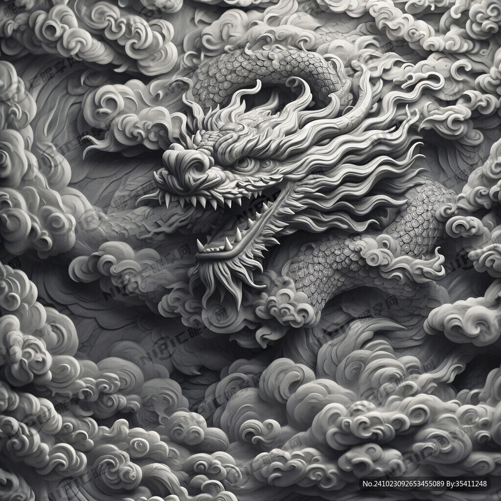 浮雕 灰度 龙 祥云