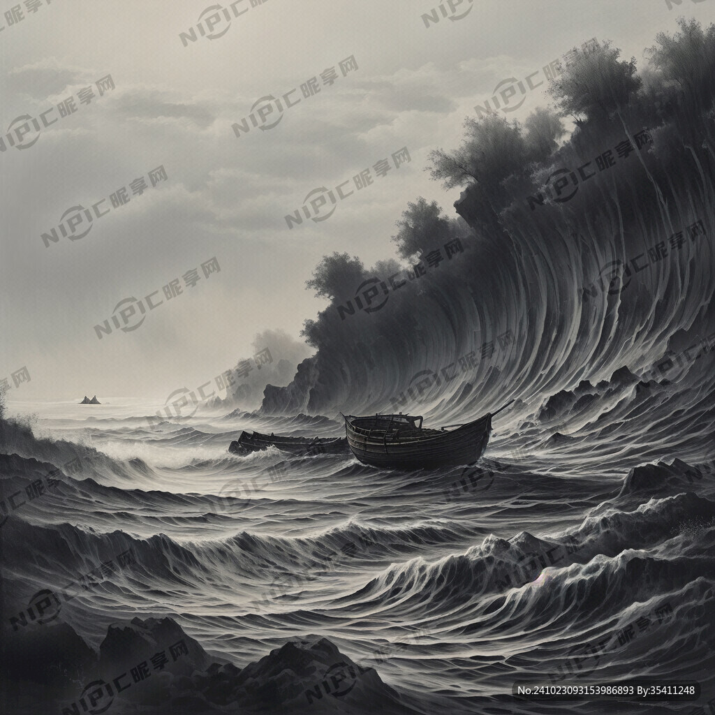 浮雕 灰度 船 海浪