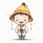 头戴释迦帽子的卡通中国孩子，微笑着的