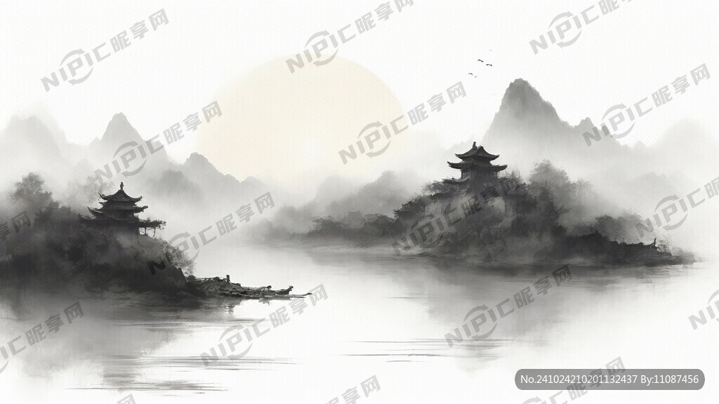 远山 小河 村庄 稻田