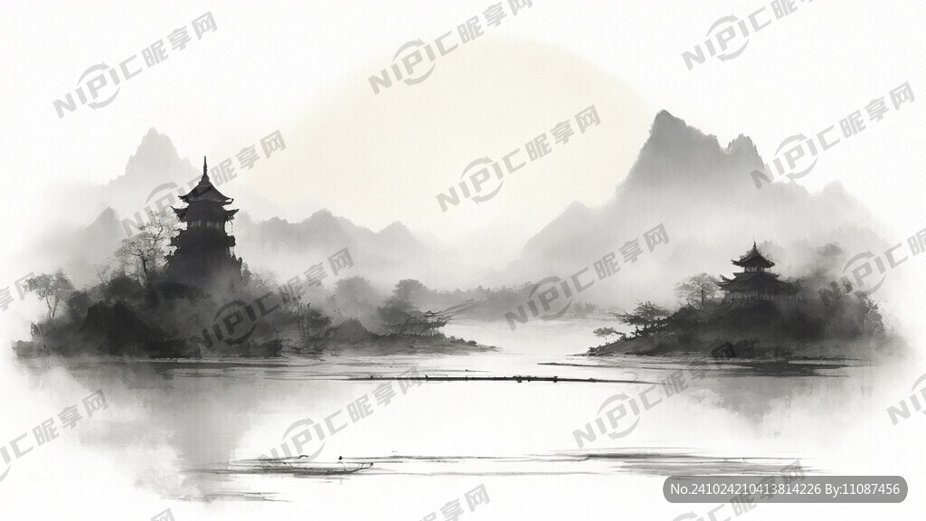 远山 近河流 小桥 村庄 稻田