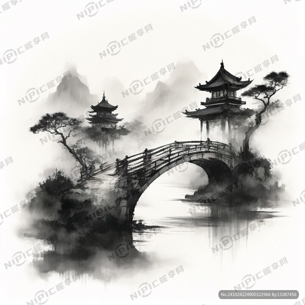 长桥 水墨风格 弯曲