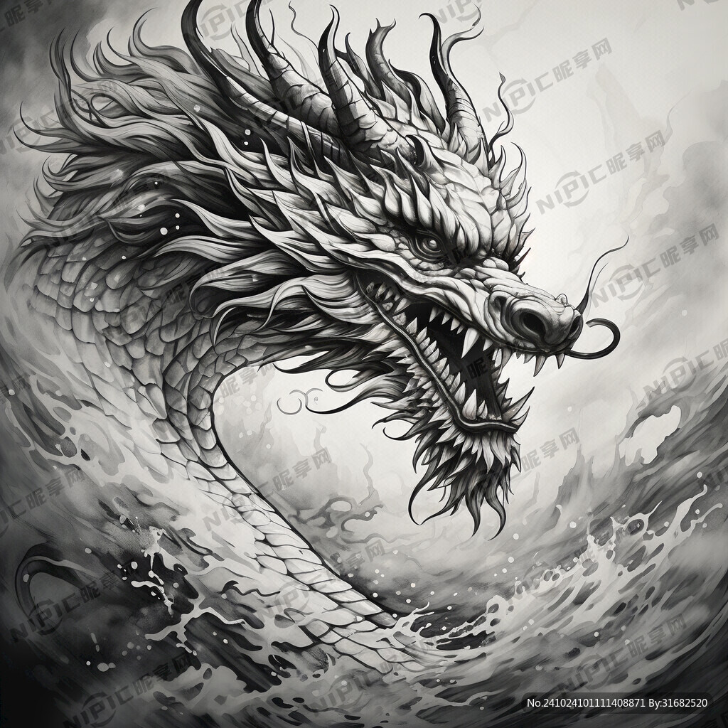 AI创作图手绘 龙 插画 黑白nipic.com-昵图网